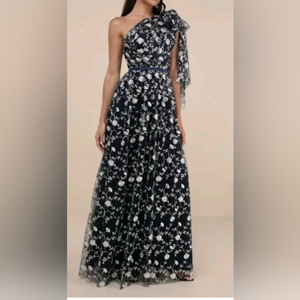 Lulus Women's Whimsical Allure Navy Mesh Embroidered One-Shoulder Maxi Dress XS